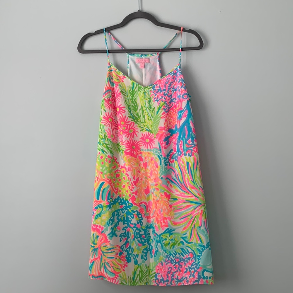 Lilly Pulitzer Neon Pink, Blue & Green Floral Slip Dress